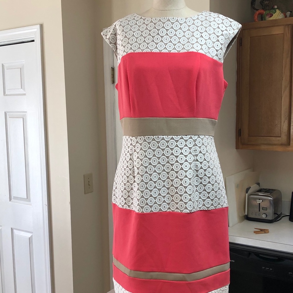 Coral beige and white pencil dress